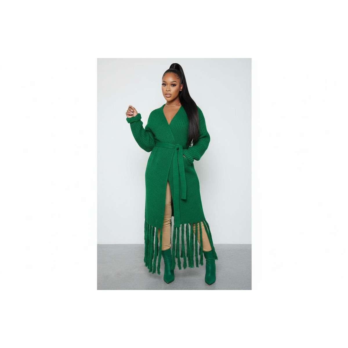 Tassel Lace-Up Long Cozy Knit Cardigan