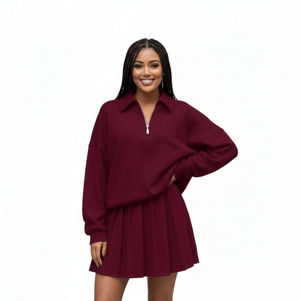 Half-zipped Drop Shoulder Top And Skirt Casual 2pcs Set