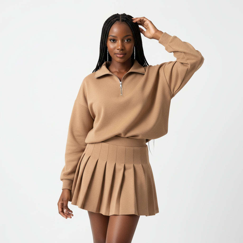 Half-zipped Drop Shoulder Top And Skirt Casual 2pcs Set