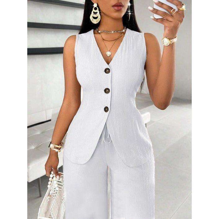 V-Neck Waist Tied Back Vest & Straight Leg Pants Suit