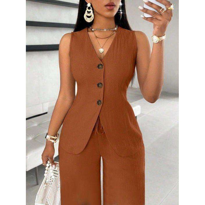 V-Neck Waist Tied Back Vest & Straight Leg Pants Suit