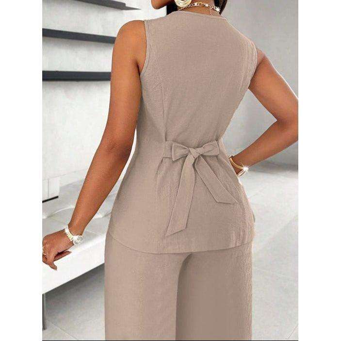 V-Neck Waist Tied Back Vest & Straight Leg Pants Suit