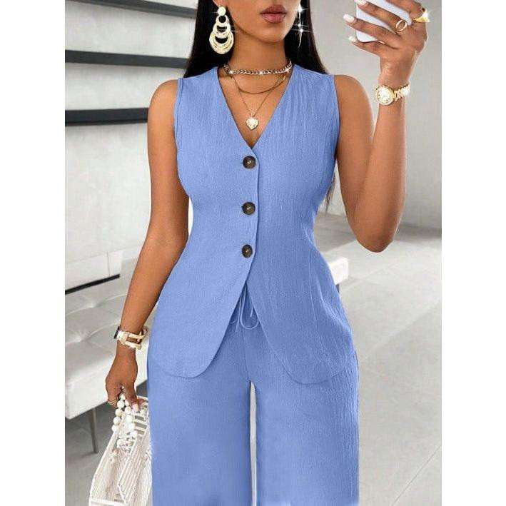 V-Neck Waist Tied Back Vest & Straight Leg Pants Suit