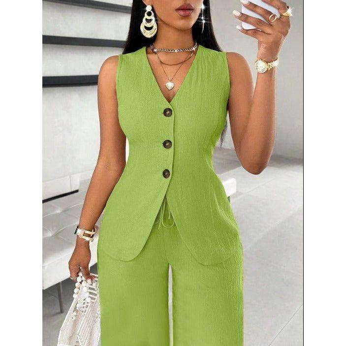V-Neck Waist Tied Back Vest & Straight Leg Pants Suit