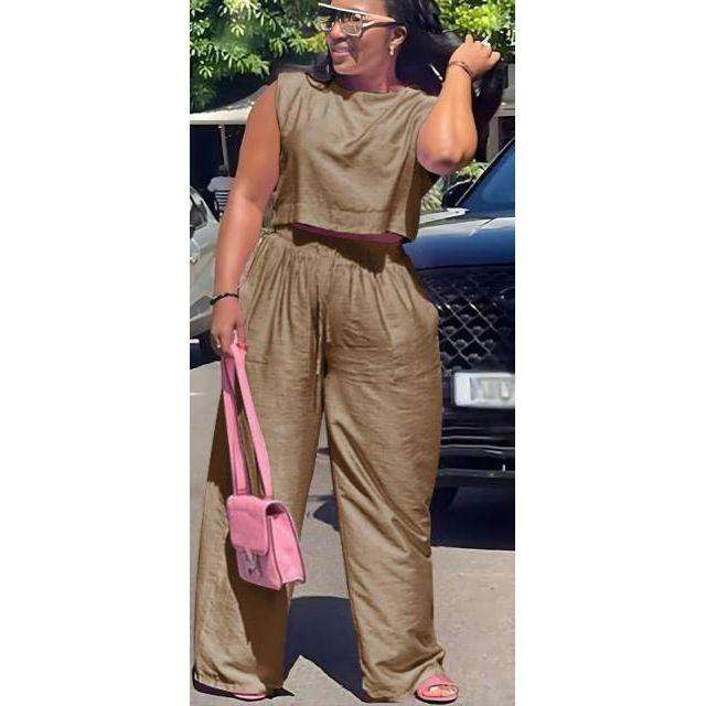 Sleeveless Round Neck Top & Loose Pants set.