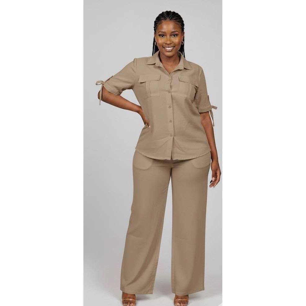 Plus Size Button-Front Shirt And Straight Stretchy Pants Sets