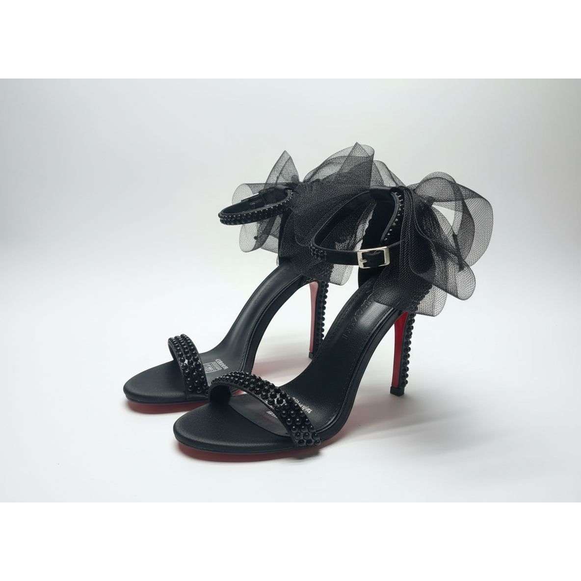 Embellished Ankle Strap Pearl Mesh Bow Heels