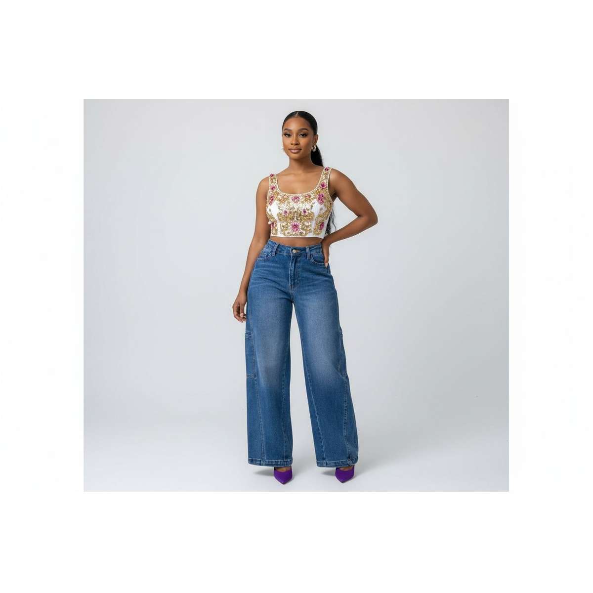 Rigid High Waisted Wide-Leg Denim Cargo Jeans