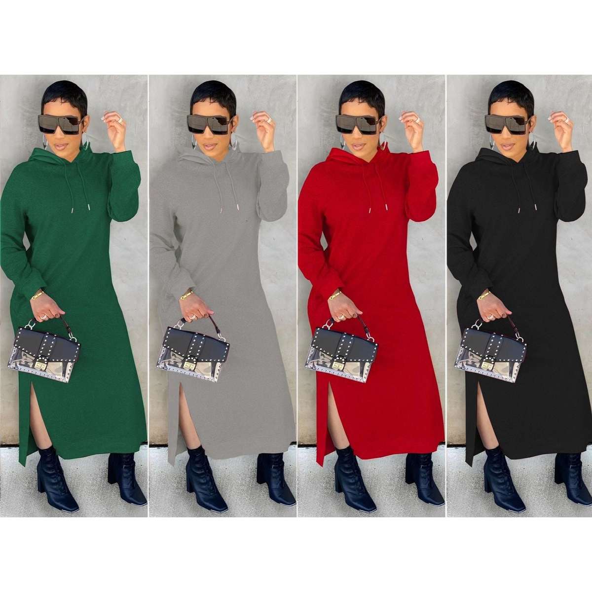 Hooded Side Slit Dress - RED / L