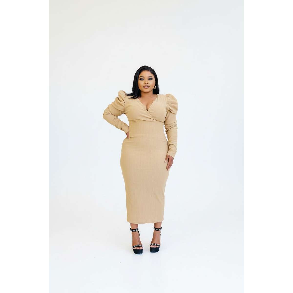 Vintage V-Neck Ruffled Sleeve Dress