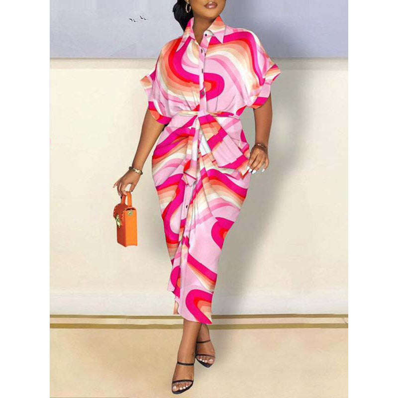 Summer Fashion Printed Dress - ROSE PINK / L