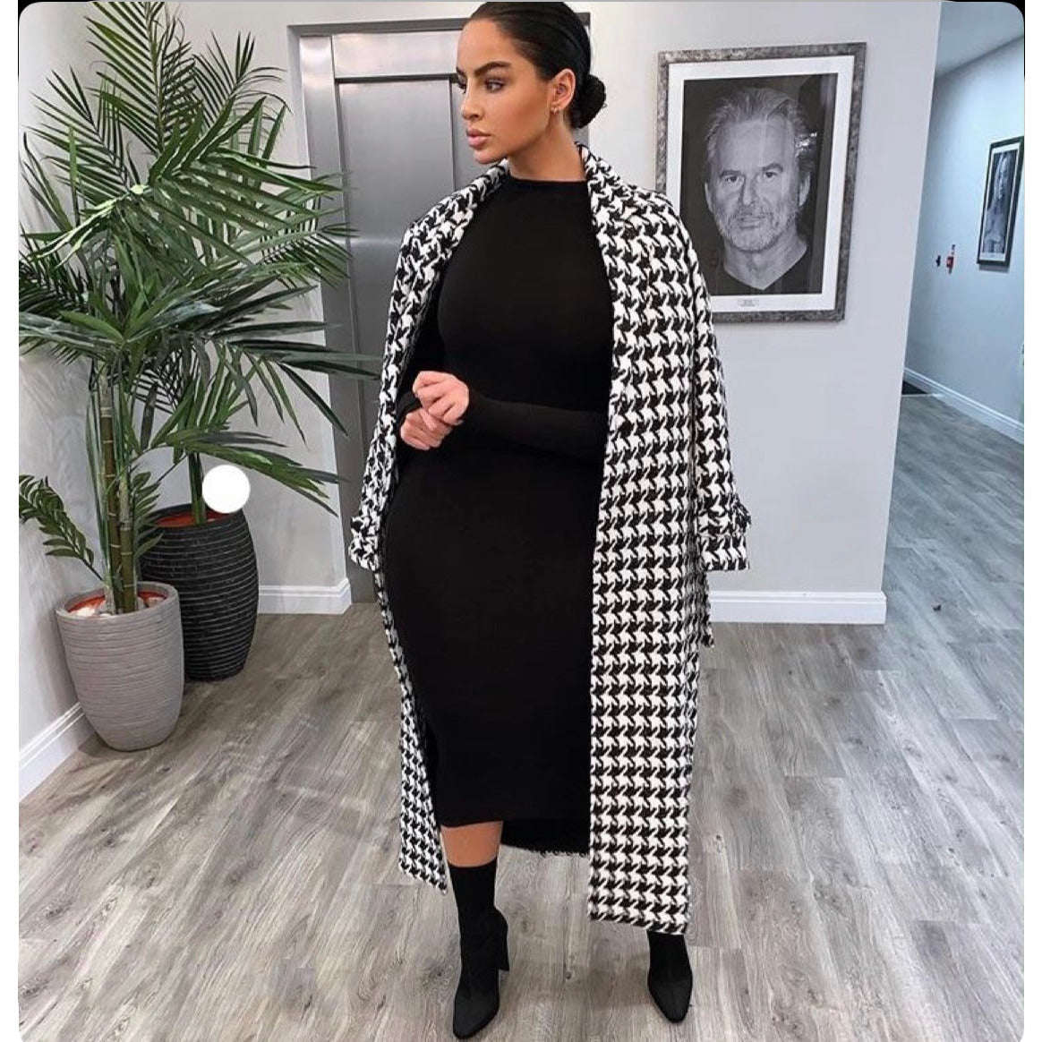 Houndstooth Pattern Knitted Coat