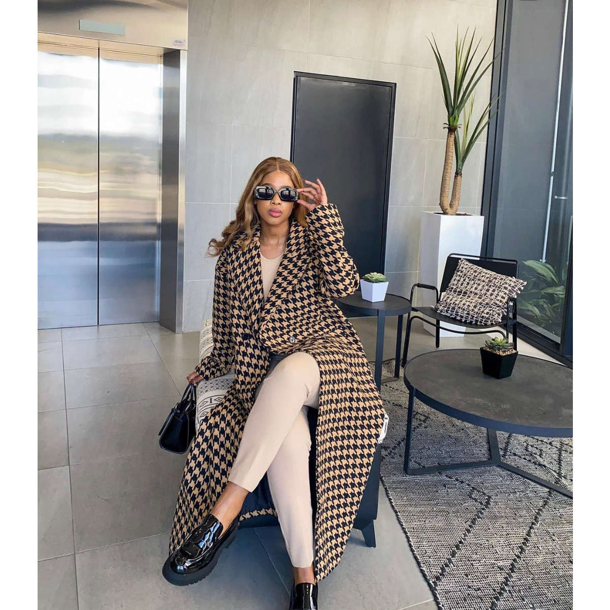 Houndstooth Pattern Knitted Coat