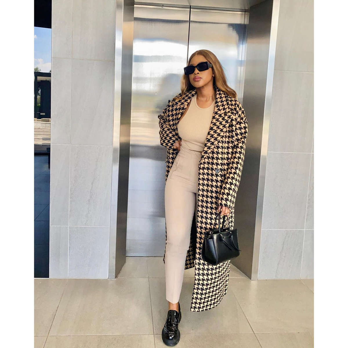 Houndstooth Pattern Knitted Coat