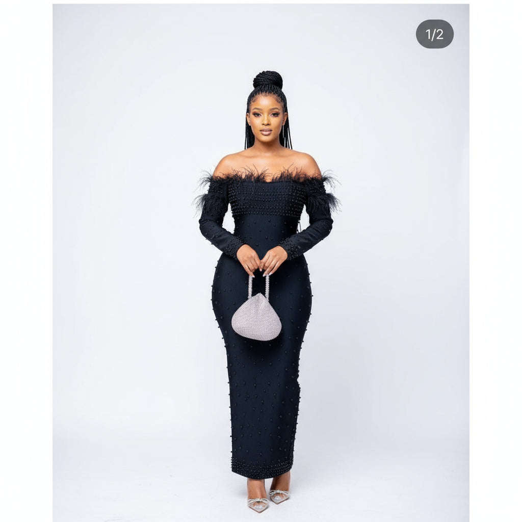 Feather Off Shoulder Beaded Detailed Dress