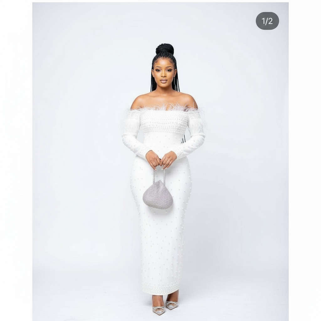 Feather Off Shoulder Beaded Detailed Dress