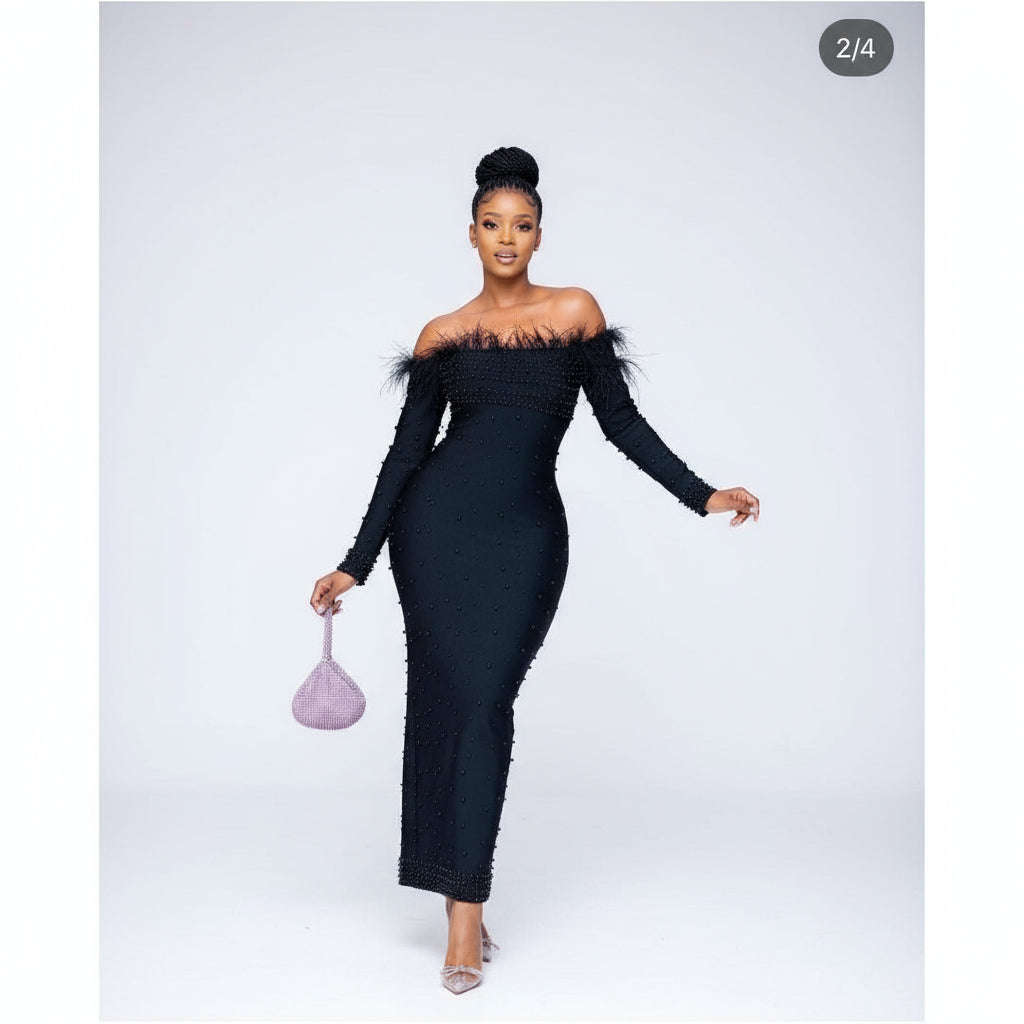 Feather Off Shoulder Beaded Detailed Dress