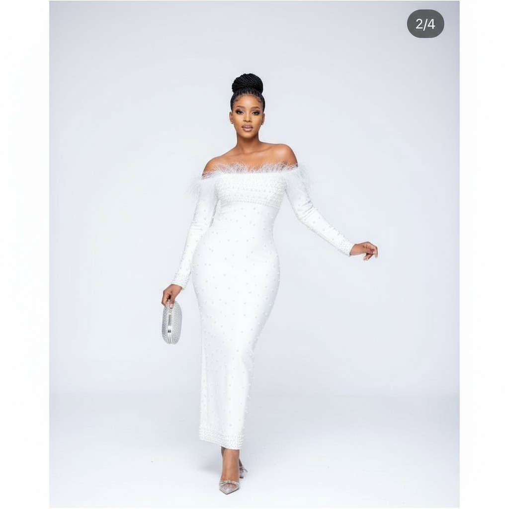 Feather Off Shoulder Beaded Detailed Dress