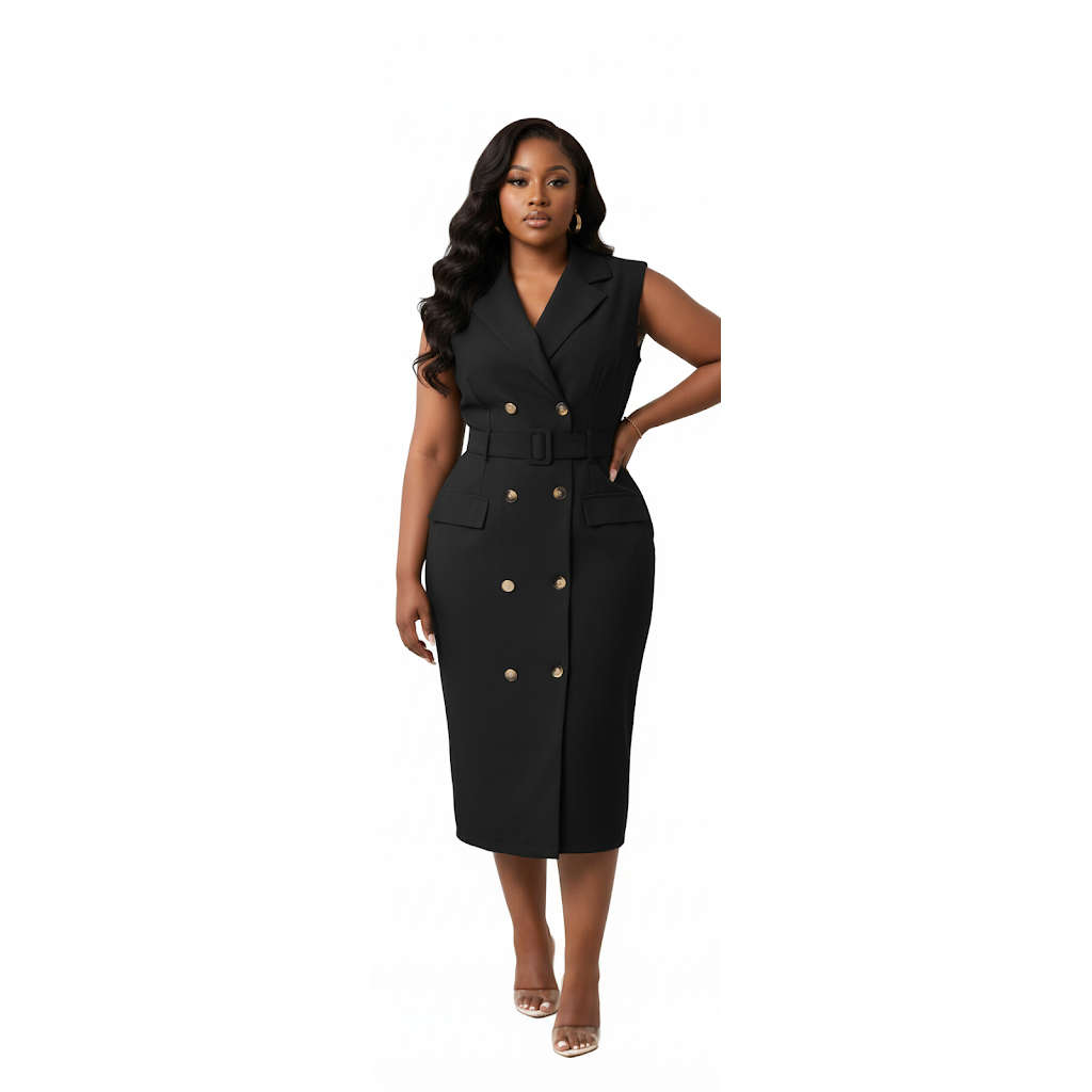 Plus Size Elegant Notch Collar Double-Breasted Belt Sleeveless Midi Dress