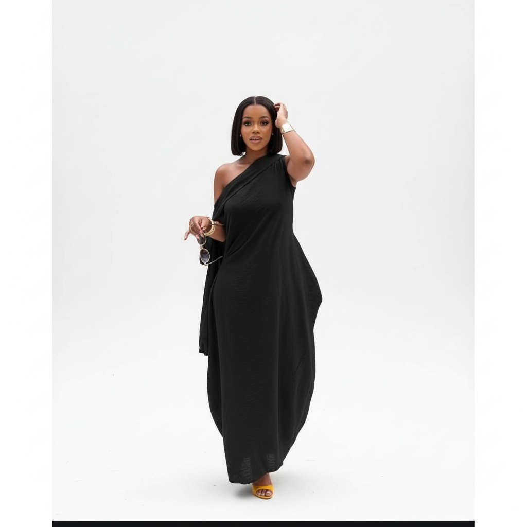 Sloping Collar Chiffon Overlay Party Elegant Asymmetric Sleeve Dress