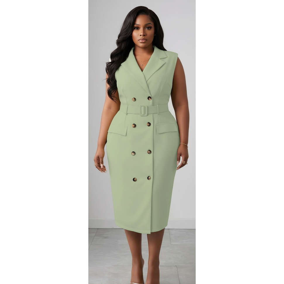 Plus Size Elegant Notch Collar Double-Breasted Belt Sleeveless Midi Dress