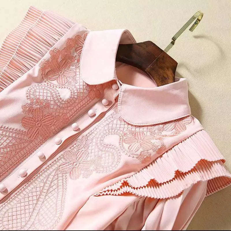 Emboidery Pleated Vintage Dress - XXL