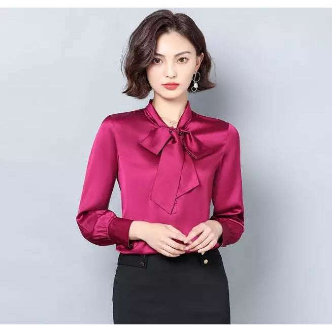 Bow Collar Silk Satin Shirts Blouses - BLUE / XL