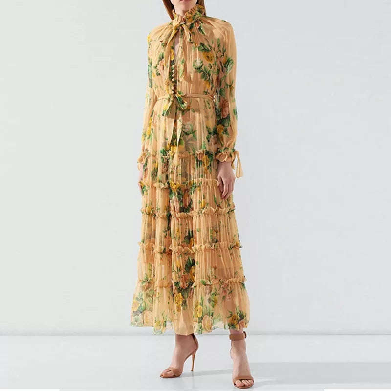 V-Neck Chiffon Floral Dress - L