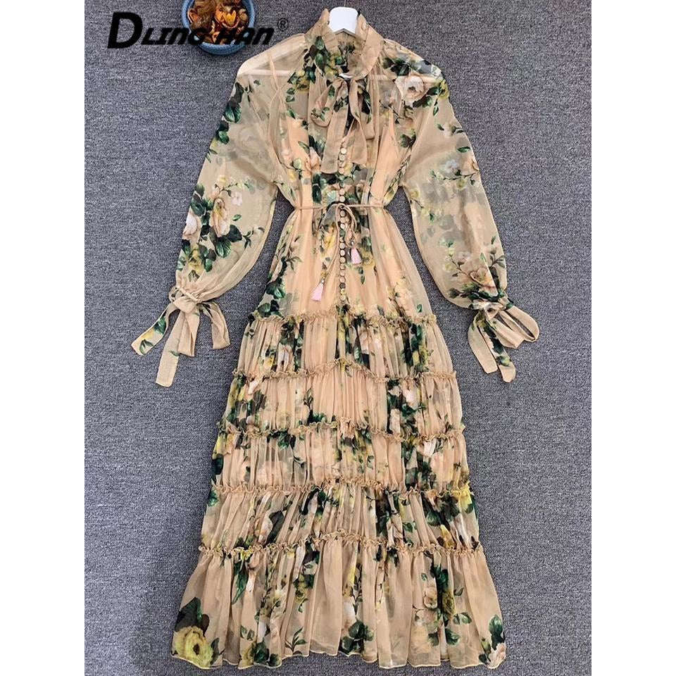 V-Neck Chiffon Floral Dress - L
