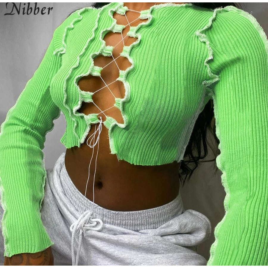 Lace Up Long Sleeve Crop Top - SKY BLUE / M