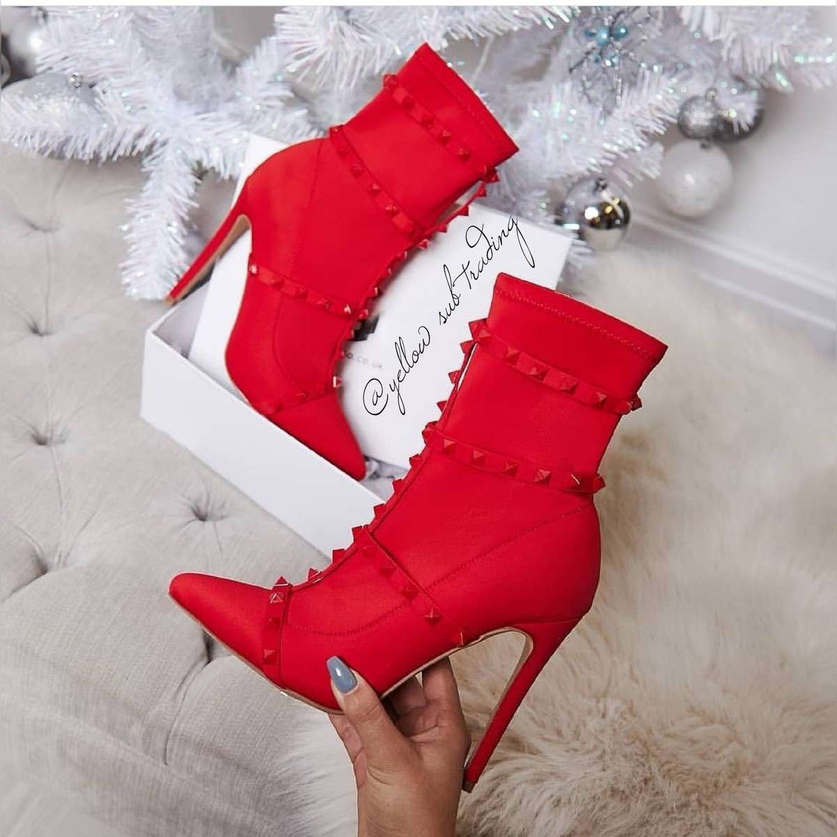 Studded Detail Sock Boots - RED / 8