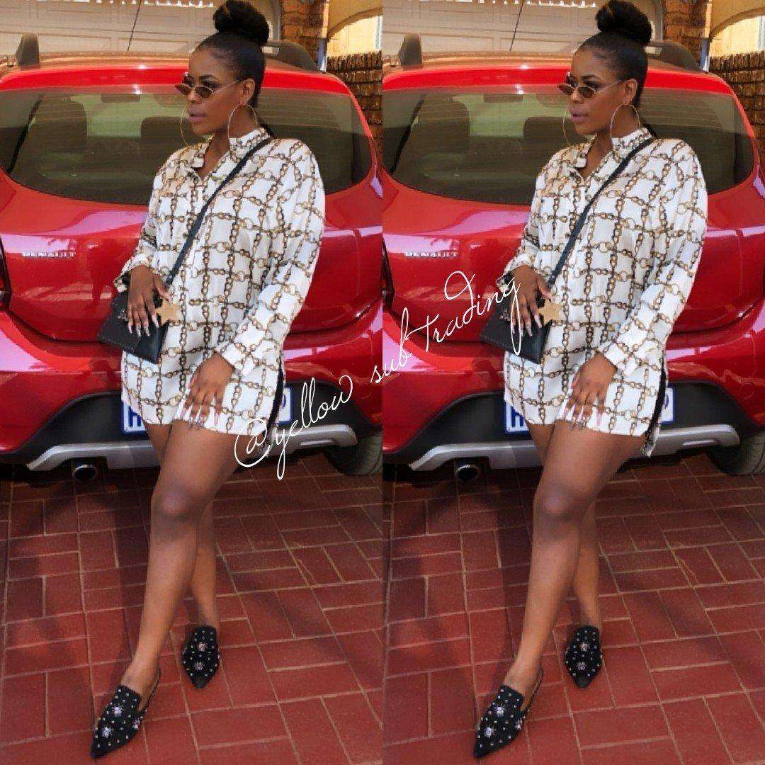 Chain print stand long shirt blouse - NAVY BLUE / L