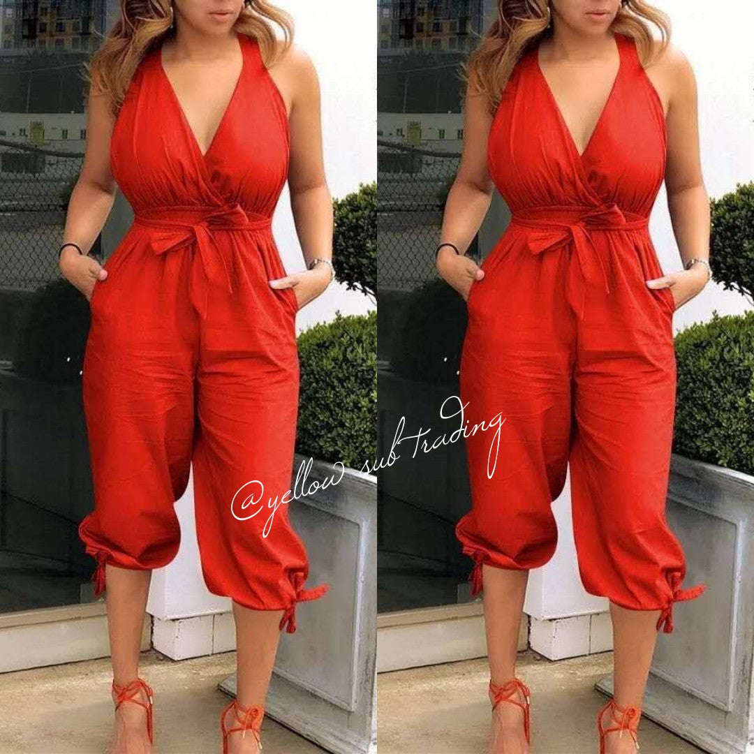 V Neck Backless Jumpsuits - RED / M