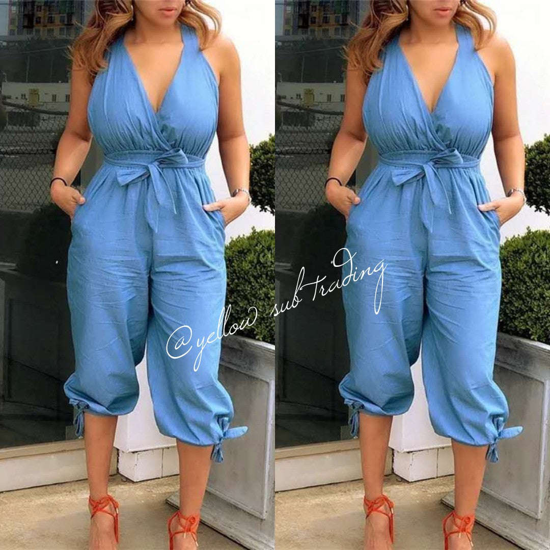 V Neck Backless Jumpsuits - RED / M