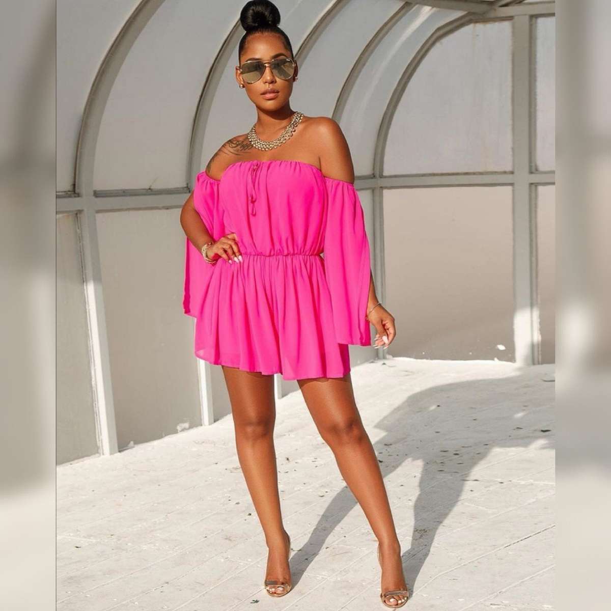 Off Shoulder Mini Jumpsuit - LIME / XL