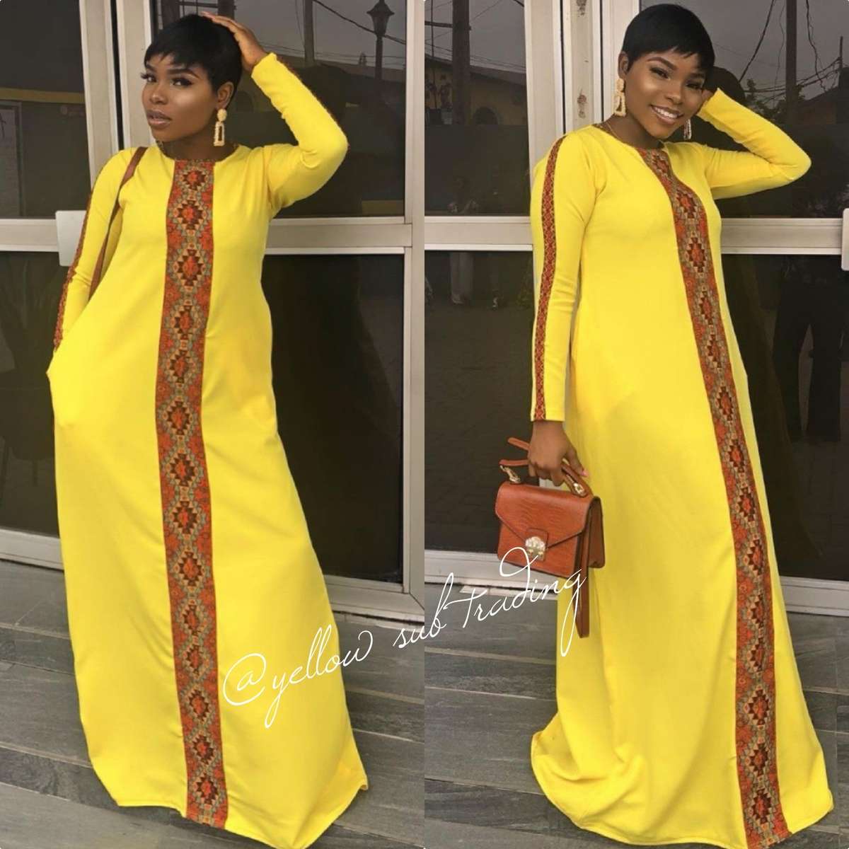 Long Sleeve Print Maxi Dress - BLACK / S