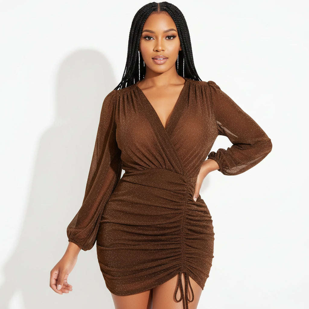 Sexy Mesh Glitter V Neck Dress - DARK PURPLE / L