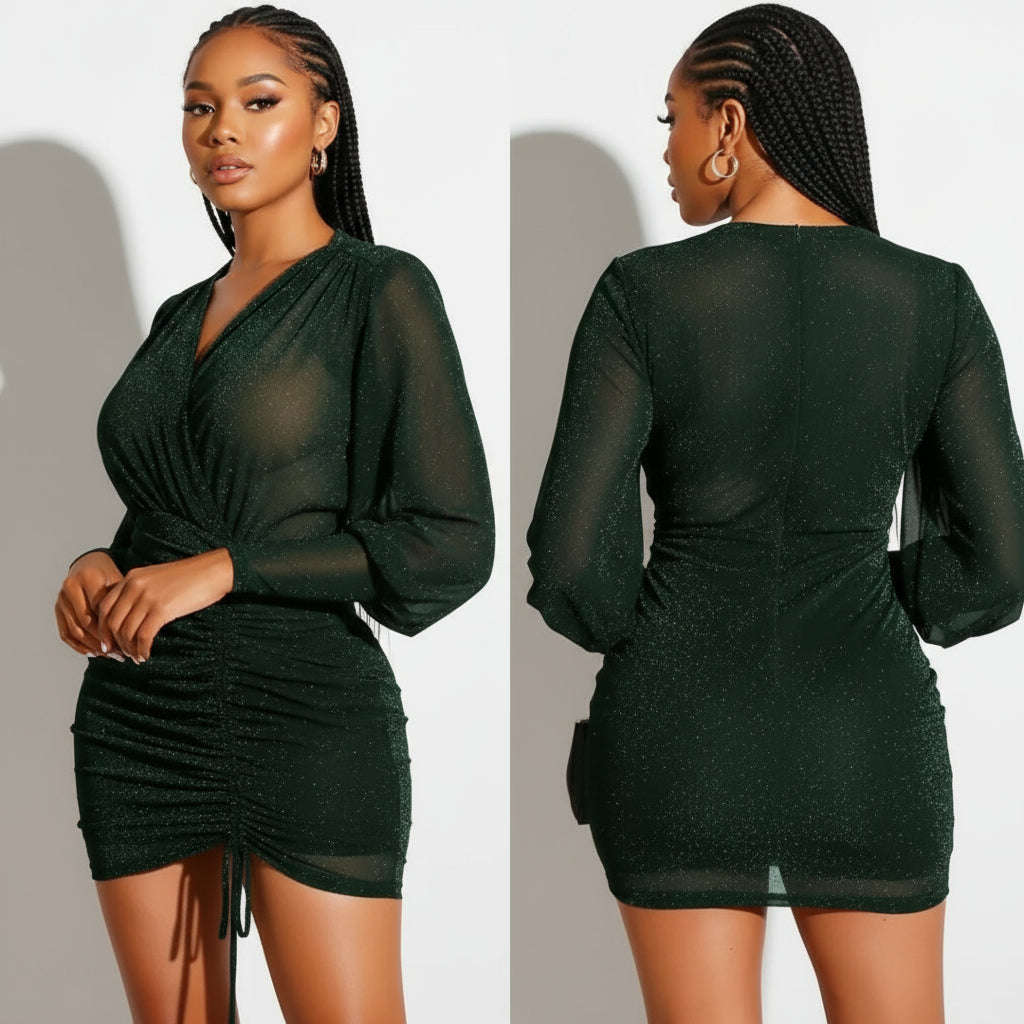 Sexy Mesh Glitter V Neck Dress - DARK PURPLE / L