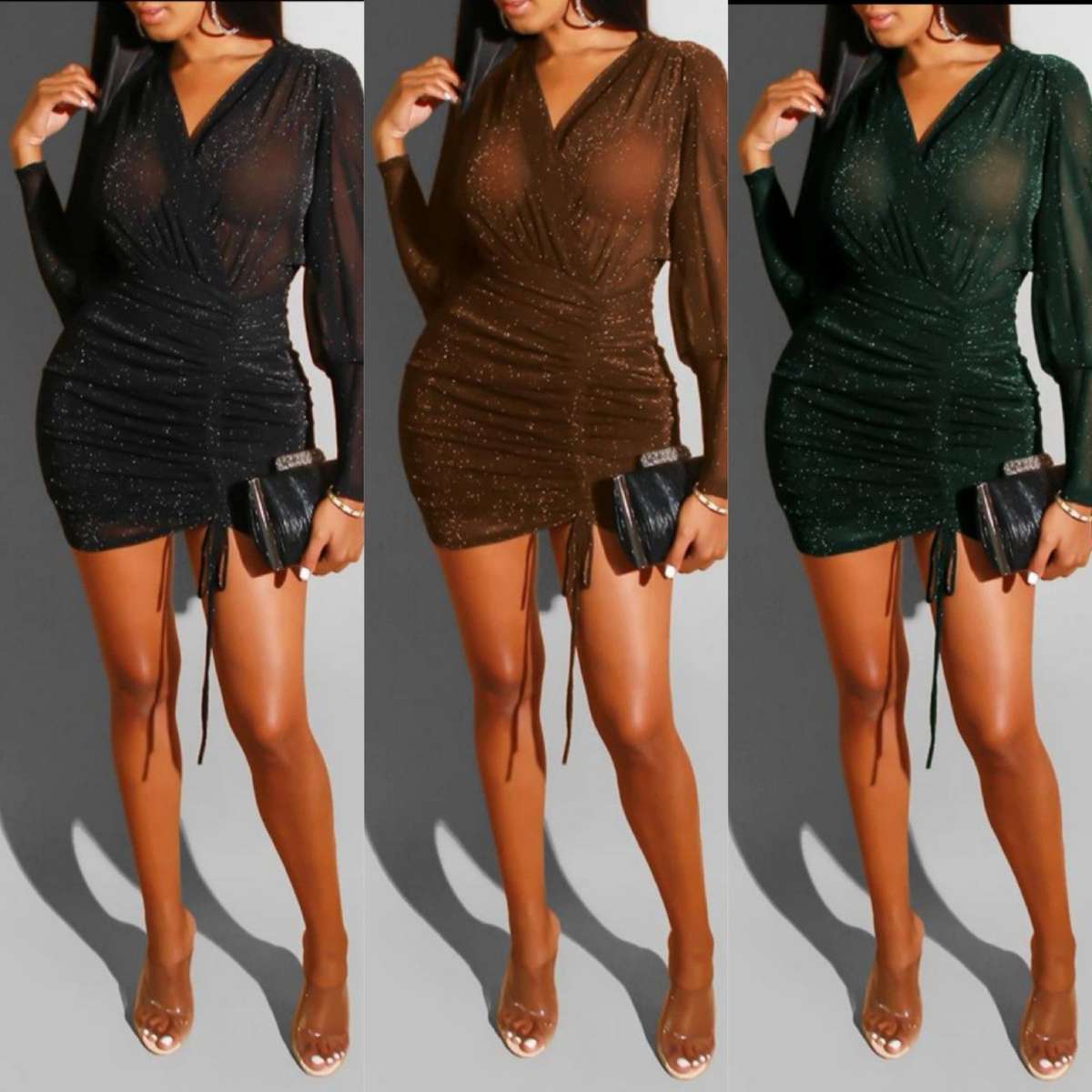 Sexy Mesh Glitter V Neck Dress - DARK PURPLE / L