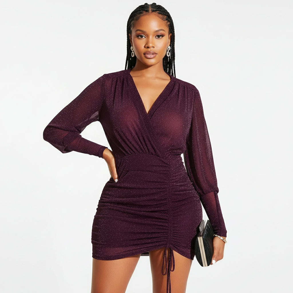 Sexy Mesh Glitter V Neck Dress - DARK PURPLE / L