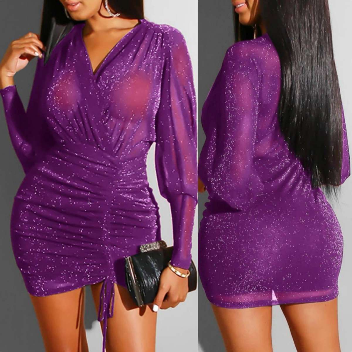 Sexy Mesh Glitter V Neck Dress - DARK PURPLE / L