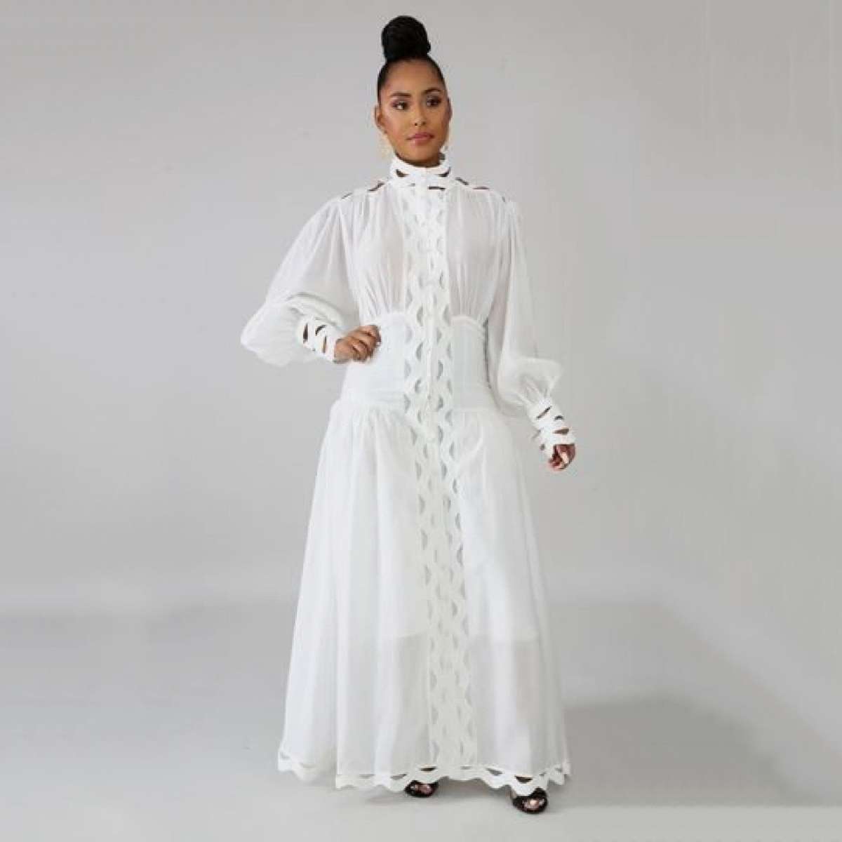 Long Sleeve Hollow Out Dres - WHITE / 3XL