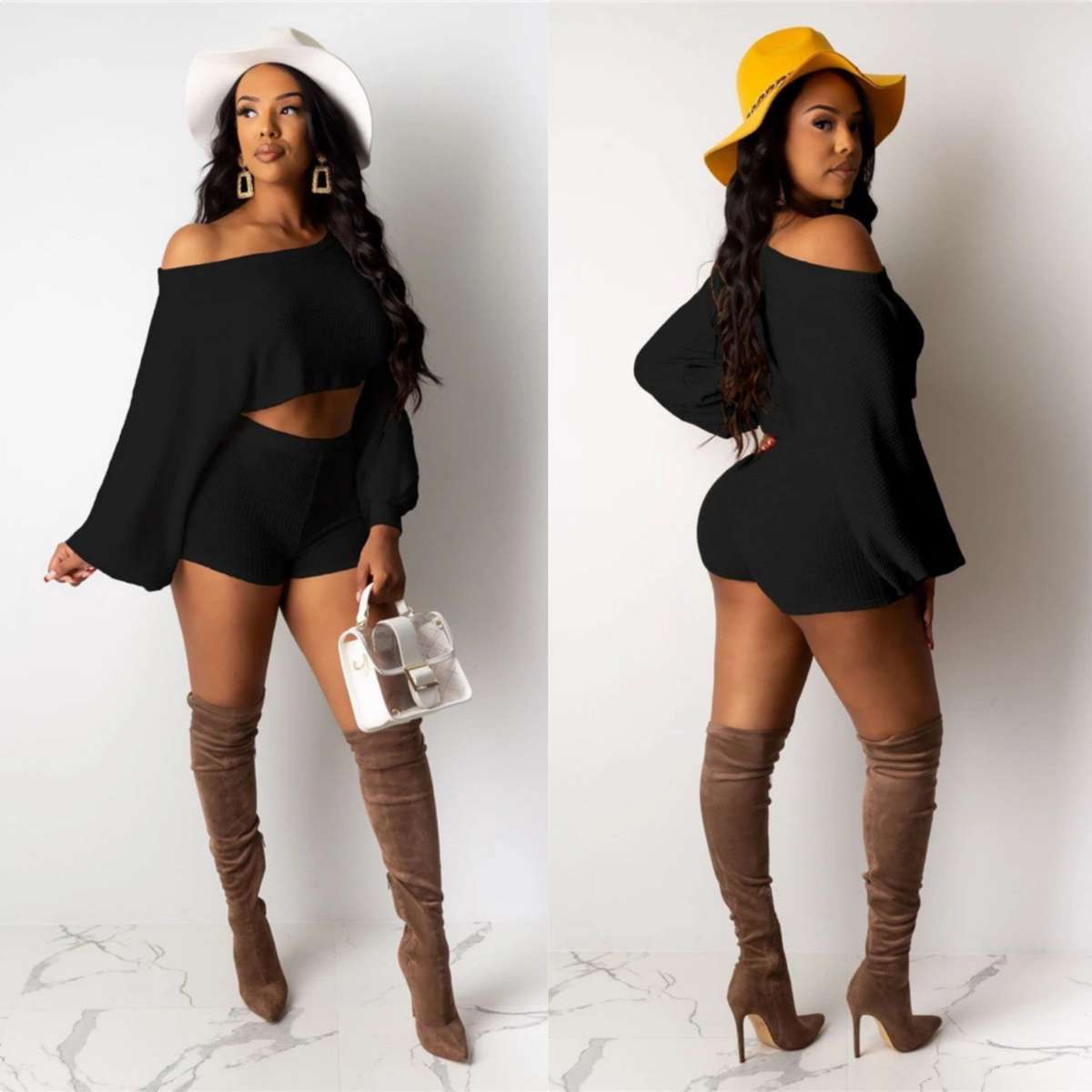 Knit 2 PieceShort Set - BLACK / L