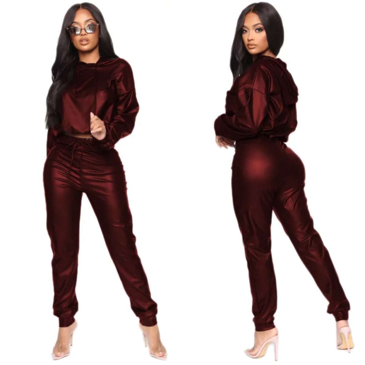 Hooded Faux Two Piece Sets - MAROON / 32