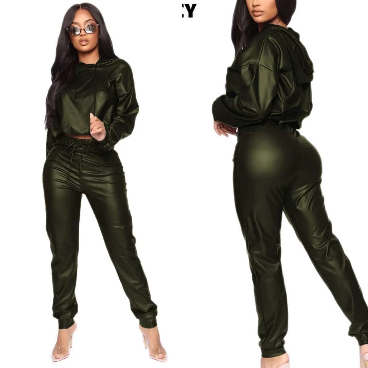 Hooded Faux Two Piece Sets - GREEN / 30