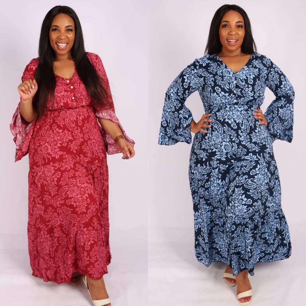 V-Neck Long sleeve Maxi Dress - BLUE / L