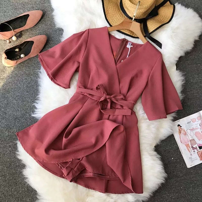 V-neck flare Playsuits - NAVY BLUE / XL