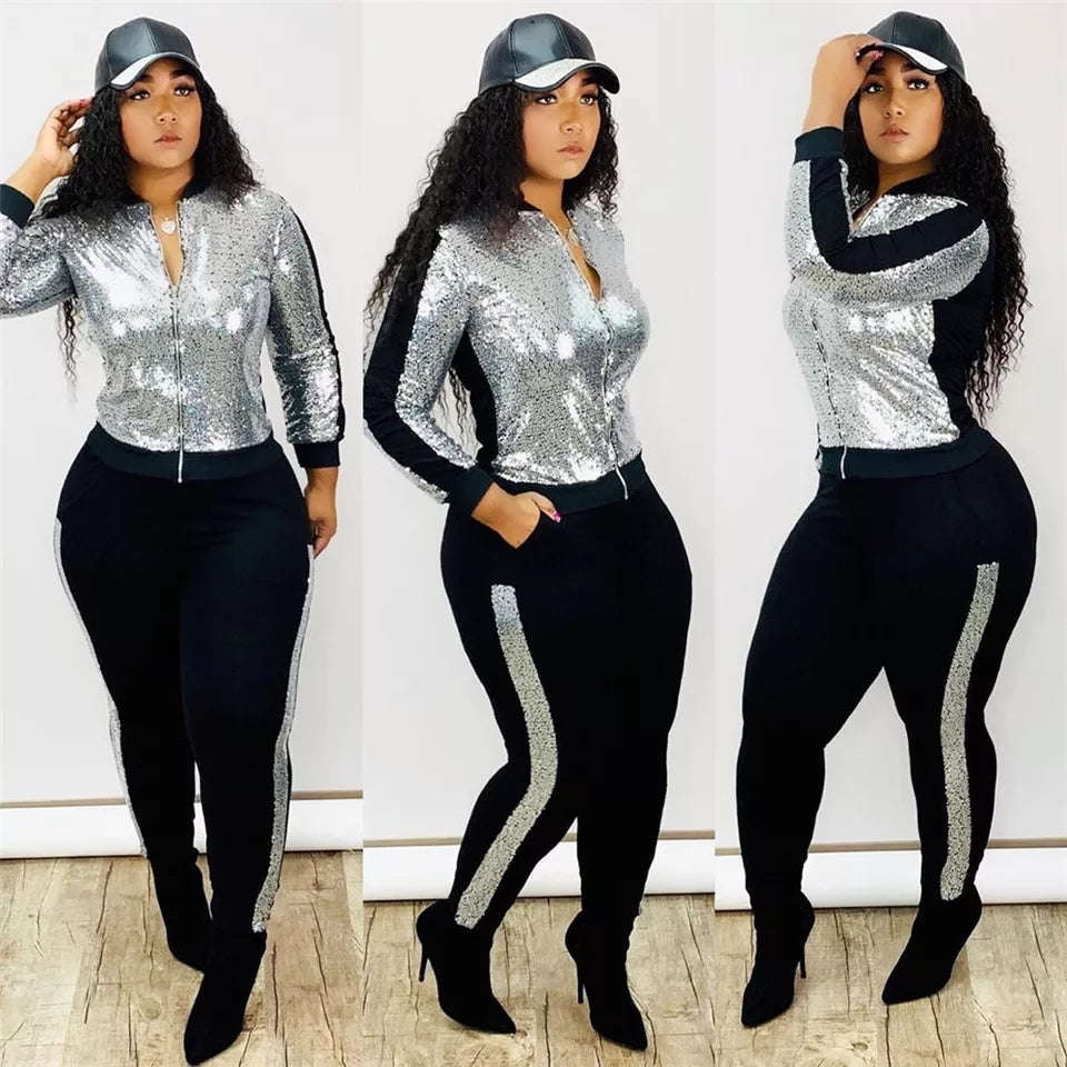 Sequin 2 Piece Set Women Tracksuit - SILVER-BLACK / L