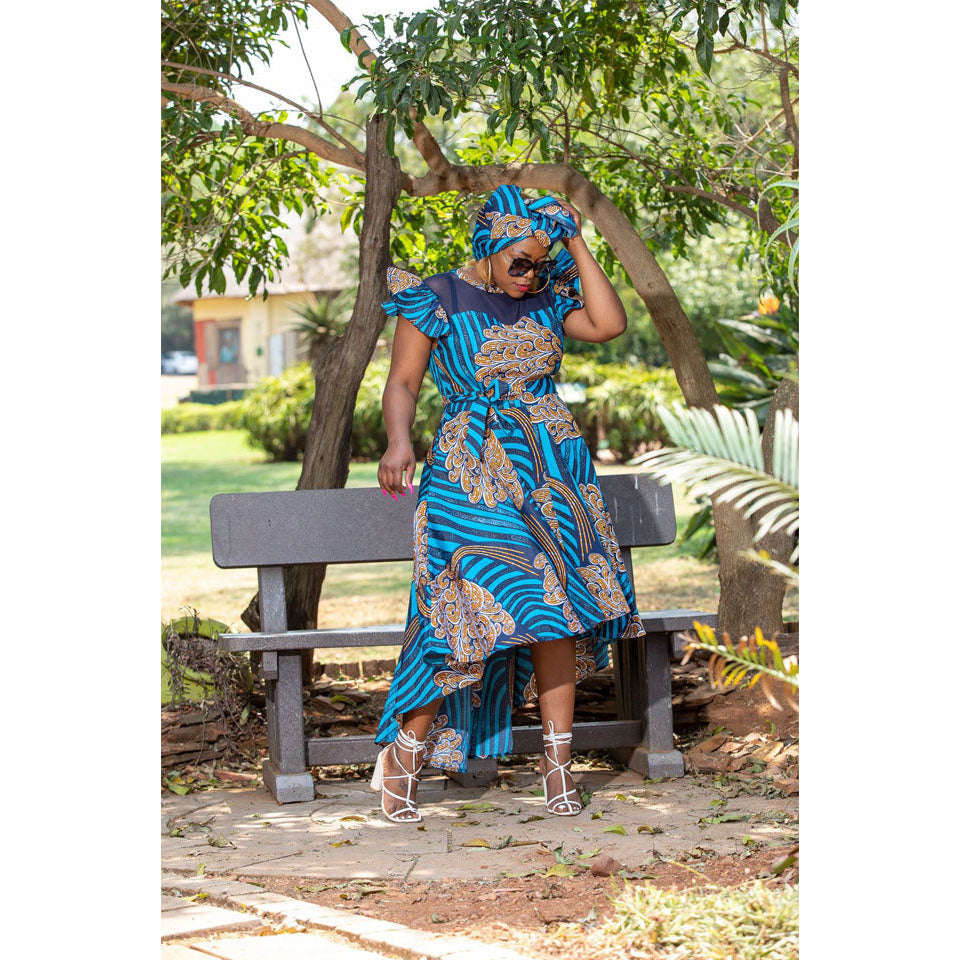 Ankara Short Ruffle Sleeve Print African Dress - BLUE / 34