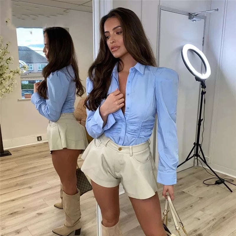 Puff Long Sleeve Blouse - BROWN / XXL